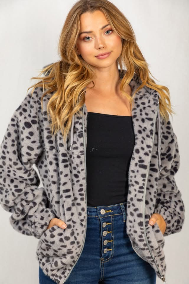 Grey Snow Leopard Faux Fur Coat