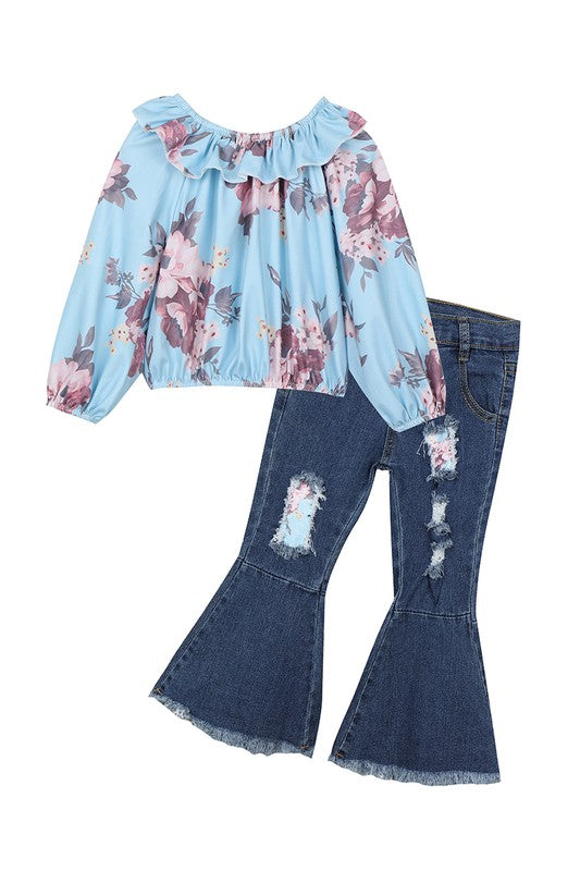 Kids Aqua Floral Top and Jeans Set - Ella’s Arrow
