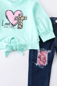 Kids Love Never Fails Mint Top and Jeans Set - Ella’s Arrow