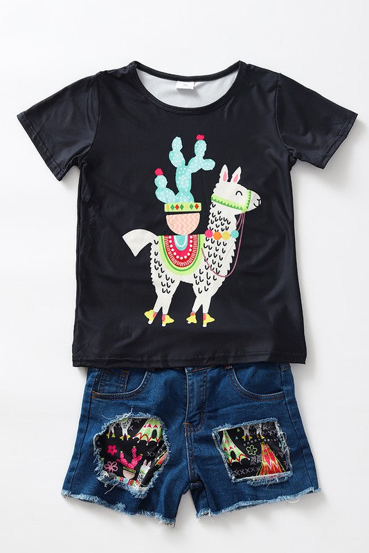 Kids Llama Tee and Jeans Shorts Set - Ella’s Arrow