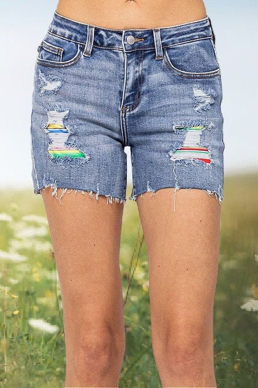 Judy Blue Distressed Shorts with Serape Patches - Ella’s Arrow