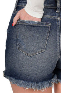 Dark Wash Jean Shorts with Frayed Hem - Ella’s Arrow