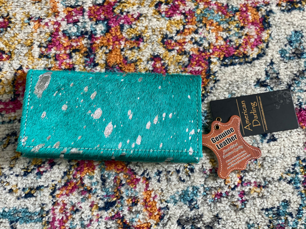 Turquoise and Silver Cowhide Wallet - Ella’s Arrow