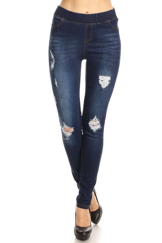 Dark Wash Super Stretch Jeggings with Distressing - Ella’s Arrow