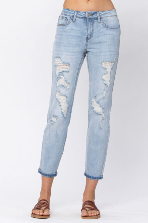 Judy Blue Light Wash Distressed Boyfriend Fit Jeans - Ella’s Arrow